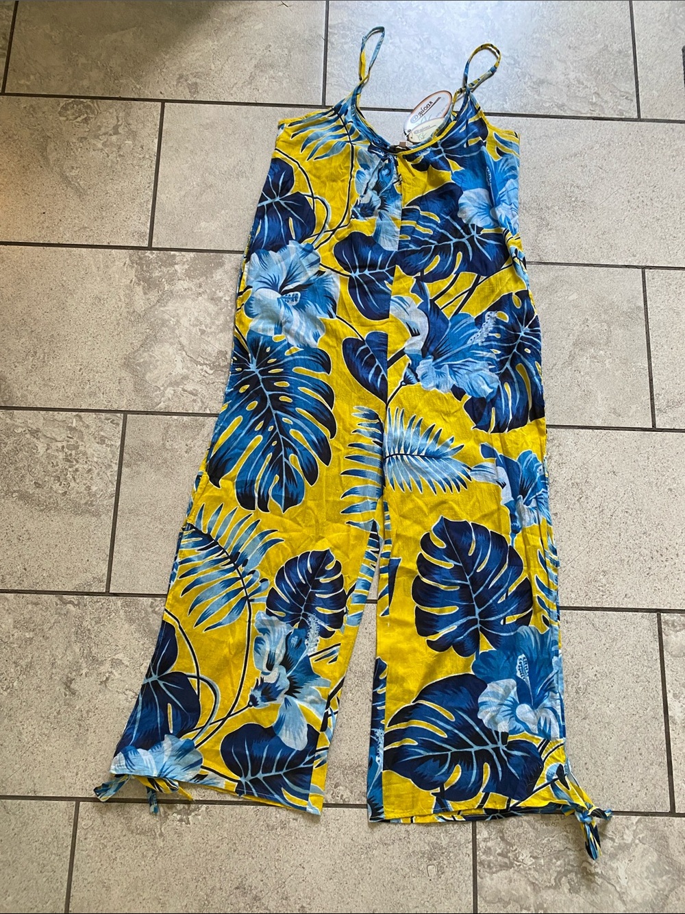 Yellow & Blue Cotton Tropical Spaghetti-Strap Wide-Leg Jumpsuit